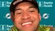 UNSPECIFIED LOCATION - APRIL 23: (EDITORIAL USE ONLY) In this still image from video provided by the Miami Dolphins, quarterback Tua Tagovailoa speaks via teleconference after being drafted during the first round of the 2020 NFL Draft on April 23, 2020. (Photo by Getty Images/Getty Images)