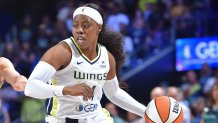 ARLINGTON, TX -  AUGUST 8:  Arike Ogunbowale #24 of the Dallas Wings dribbles the ball during the game against the New York Liberty on August 8, 2025 at the College Park Center in Arlington, TX. NOTE TO USER: User expressly acknowledges and agrees that, by downloading and or using this photograph, User is consenting to the terms and conditions of the Getty Images License Agreement. Mandatory Copyright Notice: Copyright 2025 NBAE (Photo by Michael Gonzales/NBAE via Getty Images)