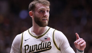 WEST LAFAYETTE, INDIANA - DECEMBER 06: Braden Smith #3 of the Purdue Boilermakers reacts against the Iowa State Cyclones during the first half at Mackey Arena on December 06, 2025 in West Lafayette, Indiana. (Photo by Michael Reaves/Getty Images)