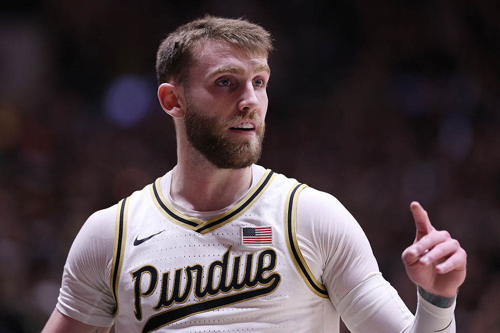 WEST LAFAYETTE, INDIANA - DECEMBER 06: Braden Smith #3 of the Purdue Boilermakers reacts against the Iowa State Cyclones during the first half at Mackey Arena on December 06, 2025 in West Lafayette, Indiana. (Photo by Michael Reaves/Getty Images)