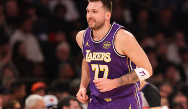 Luka Dončić during a Los Angeles Lakers game, featured in today’s NBA player prop and longshot parlays.