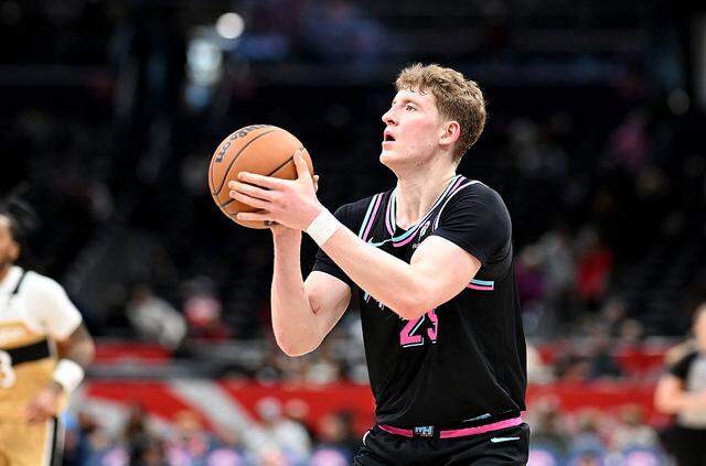 Kasparas Jakucionis #25 of the Miami Heat shoots the ball in the fourth quarter against the Washington Wizards at Capital One Arena on February 08, 2026 in Washington, DC.