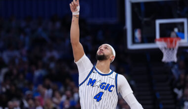 ORLANDO, FLORIDA - FEBRUARY 11: Jalen Suggs #4 of the Orlando Magic reacts against the Milwaukee Bucks during the third quarter at Kia Center on February 11, 2026 in Orlando, Florida. NOTE TO USER: User expressly acknowledges and agrees that, by downloading and or using this photograph, User is consenting to the terms and conditions of the Getty Images License Agreement. (Photo by Rich Storry/Getty Images)