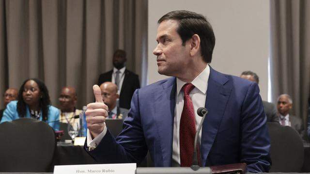 U.S. Secretary of State Marco Rubio gives a thumbs up as he attends a Caribbean Community (CARICOM) plenary session in Basseterre, Saint Kitts and Nevis on Feb. 25. U.S. Secretary of State Marco Rubio gives a thumbs up as he attends a Caribbean Community (CARICOM) plenary session in Basseterre, Saint Kitts and Nevis on Feb. 25.