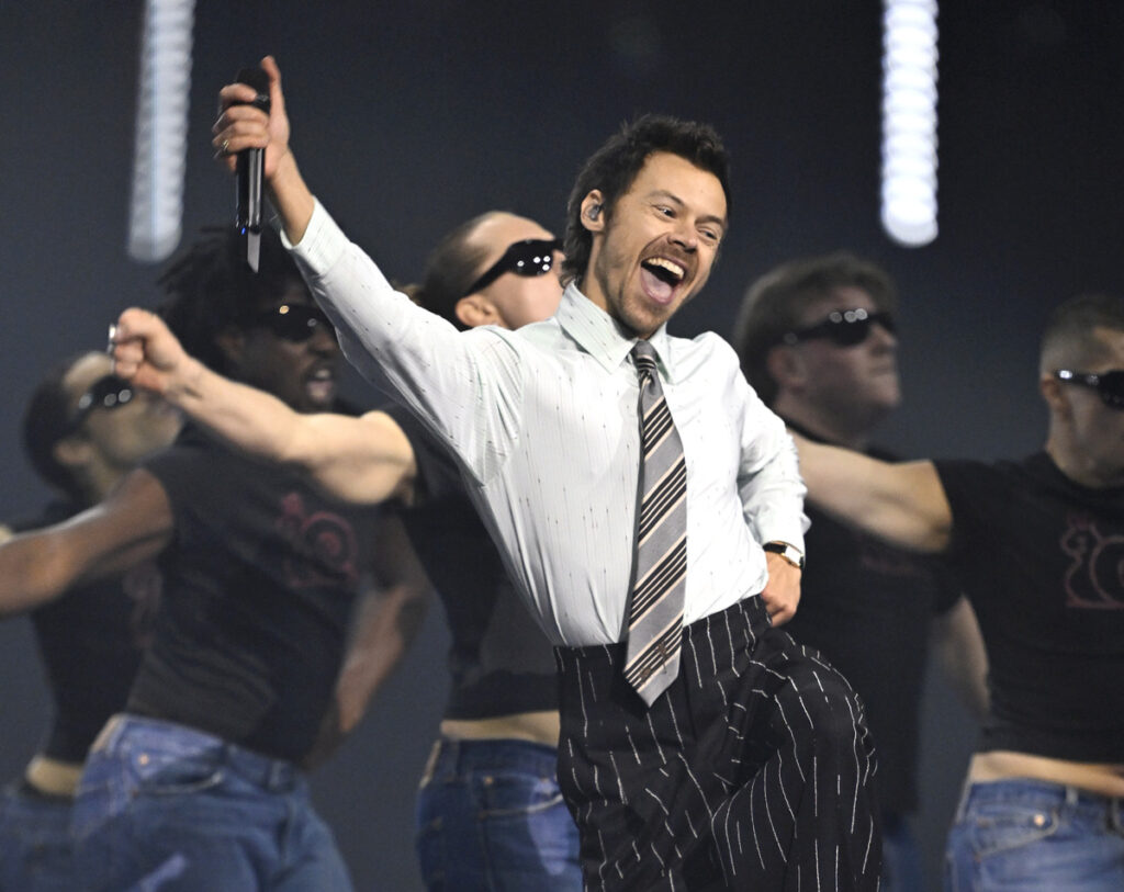 MANCHESTER, ENGLAND - FEBRUARY 28: (EDITORIAL USE ONLY) Harry Styles performs 'Aperture' on stage during The BRIT Awards 2026 at Co-op Live on February 28, 2026 in Manchester, England.