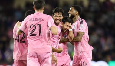 ORLANDO, FLORIDA - MARCH 01: Lionel Messi #10 of Inter Miami CF celebrates with teammates after scoring the team's second goal during the MLS match between Orlando City SC and Inter Miami CF at Inter&Co Stadium on March 01, 2026 in Orlando, Florida. (Photo by Dustin Markland/Getty Images)