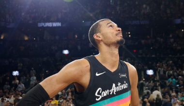 SAN ANTONIO, TX -MARCH 6: Victor Wembanyama #1 of the San Antonio Spurs waits to be interviewed after they defeated the Los Angeles Clippers at Frost Bank Center on March 6, 2026 in San Antonio, Texas. NOTE TO USER: User expressly acknowledges and agrees that, by downloading and or using this photograph, User is consenting to terms and conditions of the Getty Images License Agreement. (Photo by Ronald Cortes/Getty Images)