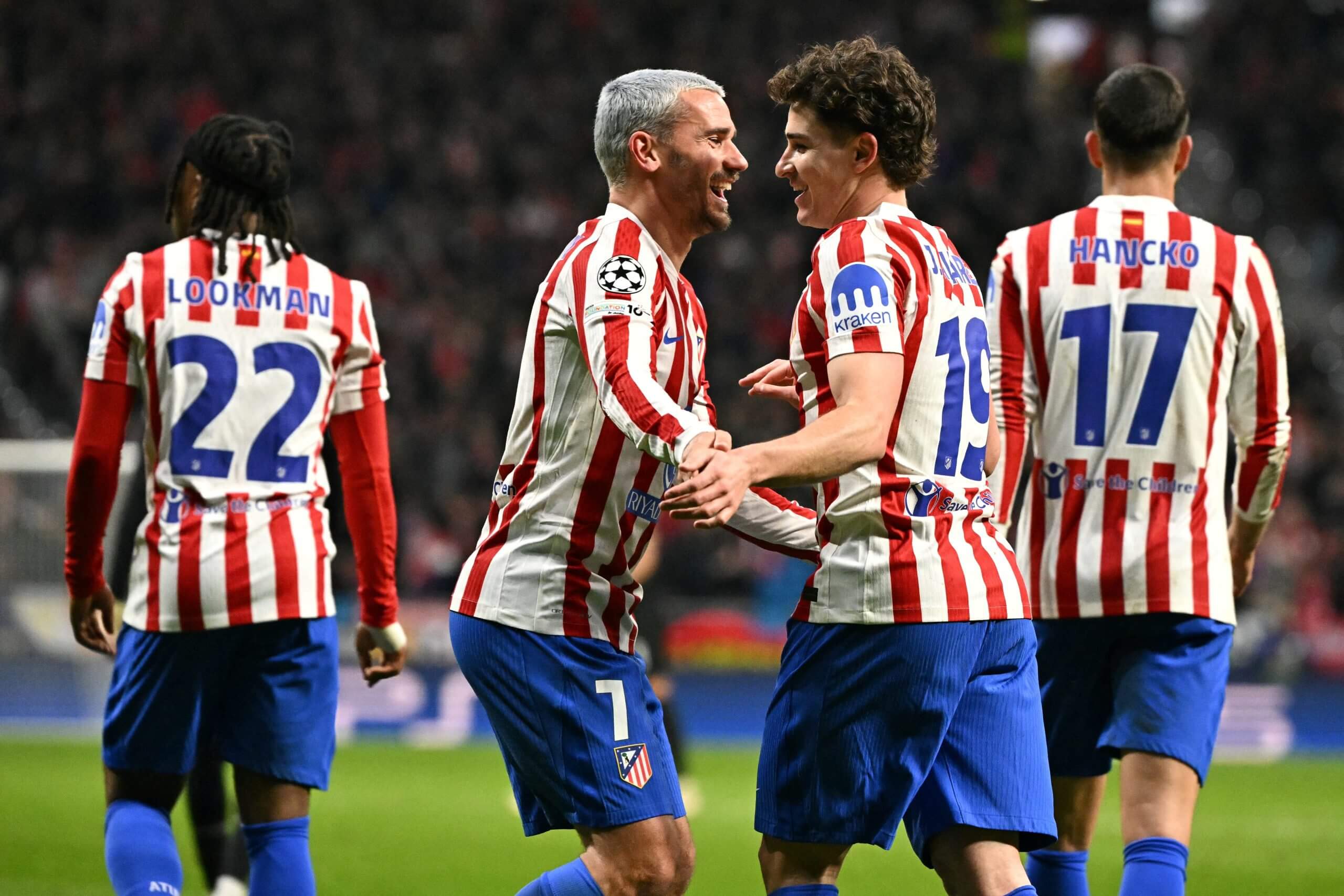 Griezmann and Alvarez celebrate during Atletico's Champions League victory over Tottenham