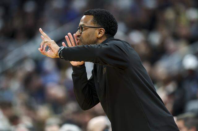 ST LOUIS, MISSOURI - MARCH 20: Head coach Jai Lucas of the Miami (FL) Hurricanes calls out to players during the first half against the Missouri Tigers in the first round of the 2026 NCAA Men's Basketball Tournament at Enterprise Center on March 20, 2026 in St Louis, Missouri. (Photo by Jamie Squire/Getty Images)