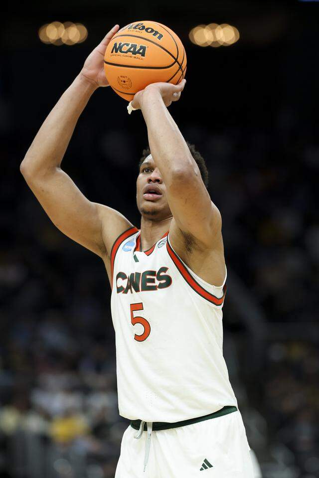 ST LOUIS, MISSOURI - MARCH 20: Malik Reneau #5 of the Miami (FL) Hurricanes shoots a free throw during the second half against the Missouri Tigers in the first round of the 2026 NCAA Men's Basketball Tournament at Enterprise Center on March 20, 2026 in St Louis, Missouri. (Photo by Jamie Squire/Getty Images)