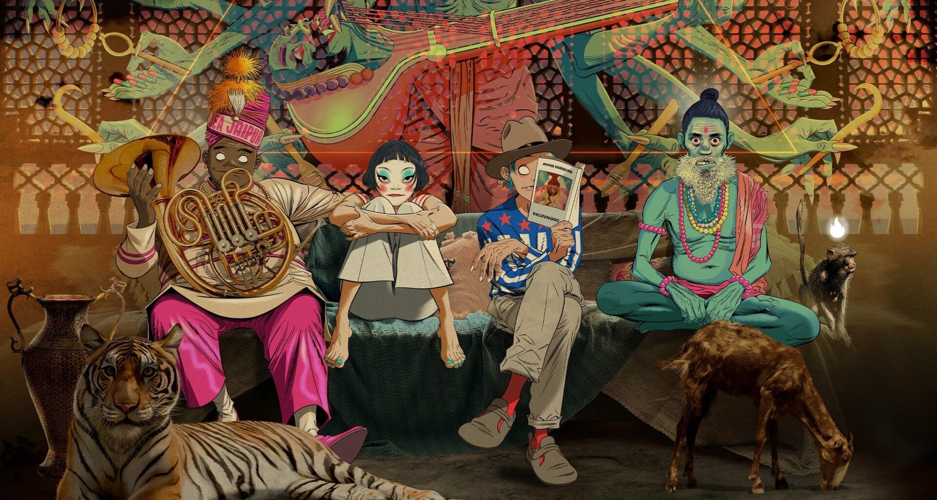The animated cast of the Gorillaz virtual band sit on a couch. Russel has a French horn and is wearing a feathered cap with a band that says "Jaipur" on it. Noodle, to his right, has on heavy white, blue and red makeup. 2D is reading something, and Murdoc, sitting cross-legged, has a large beard, prayer beads, and a bindi. A semi-translucent Hindu deity stands behind the couch, only visible from chest to waist.