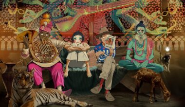 The animated cast of the Gorillaz virtual band sit on a couch. Russel has a French horn and is wearing a feathered cap with a band that says "Jaipur" on it. Noodle, to his right, has on heavy white, blue and red makeup. 2D is reading something, and Murdoc, sitting cross-legged, has a large beard, prayer beads, and a bindi. A semi-translucent Hindu deity stands behind the couch, only visible from chest to waist.
