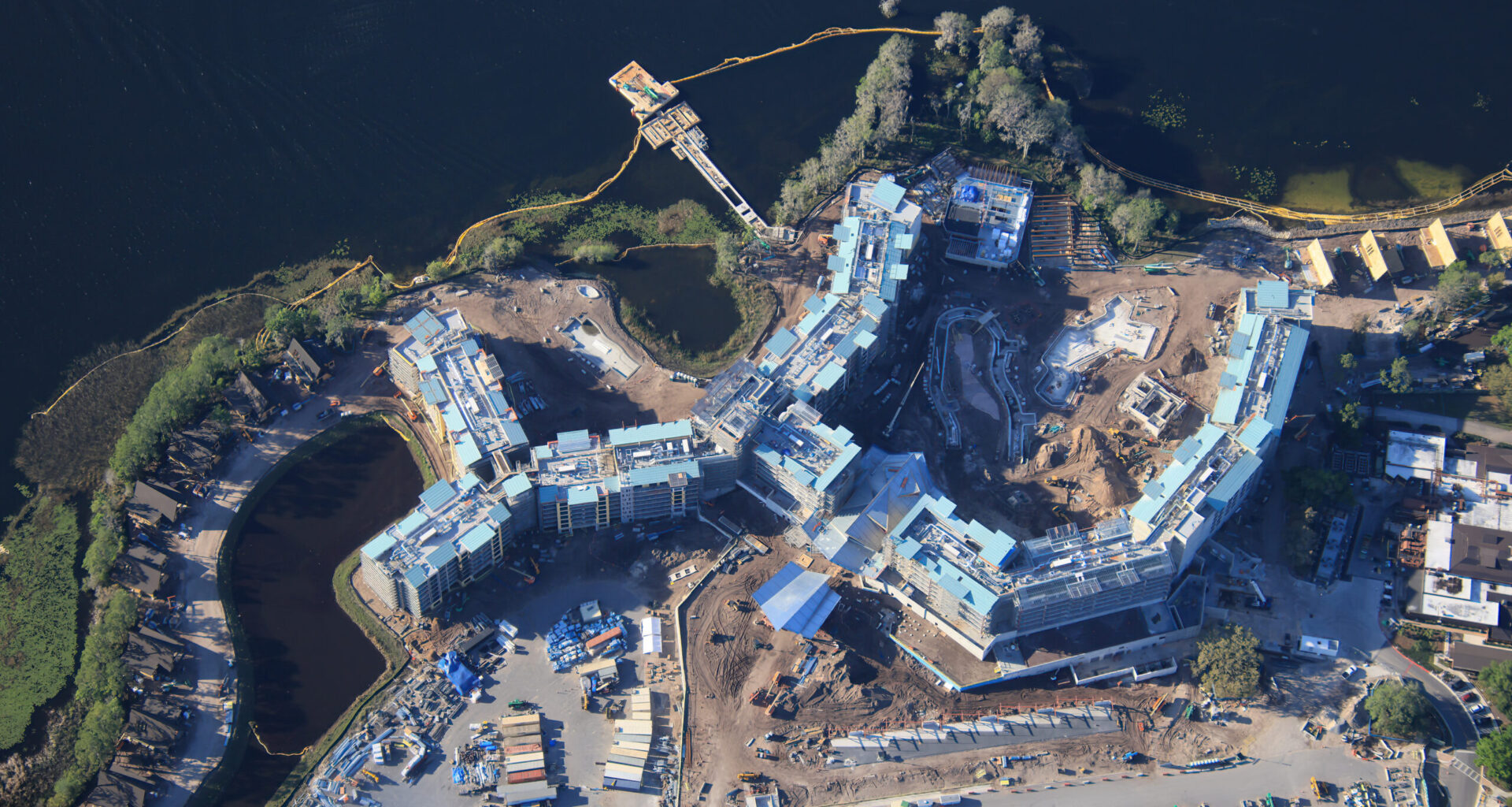 Aerial photo of Lakeshore Lodge under construction in Walt Disney World