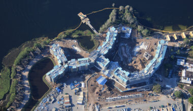 Aerial photo of Lakeshore Lodge under construction in Walt Disney World