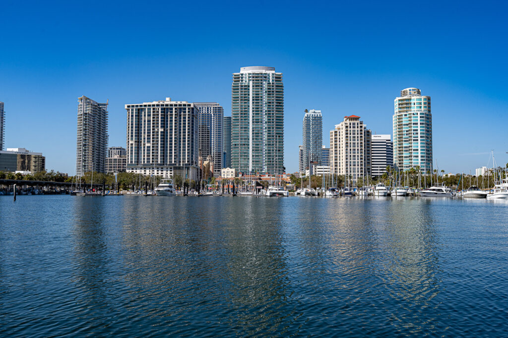 view of St. Petersburg downtown from the water of Tampa Bay.