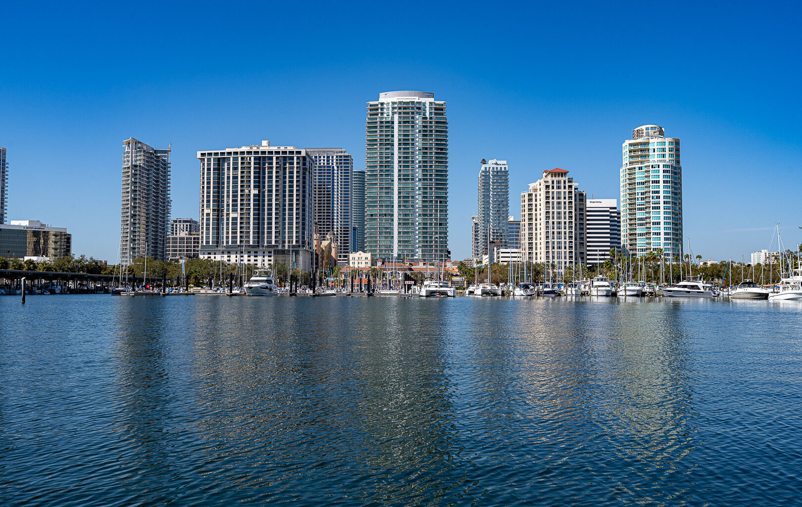 view of St. Petersburg downtown from the water of Tampa Bay.
