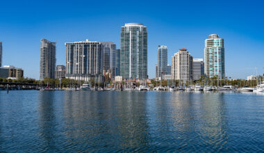 view of St. Petersburg downtown from the water of Tampa Bay.