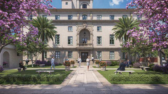 An architectural rendering depicts a renovated Coral Gables City Hall with a restored entry courtyard and garden.