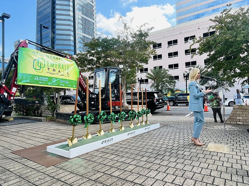 Jacksonville Mayor Donna Deegan speaks a the groundbreaking for the Hogan Street Link section of the Emerald Trail on Sept. 25. Jacksonville Mayor Donna Deegan speaks a the groundbreaking for the Hogan Street Link section of the Emerald Trail on Sept. 25.