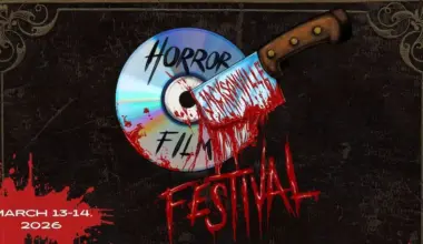 Drawing of a CD with a bloody knife in it. The CD reads "Horror Film," and below it is a bloody font reading "festival."