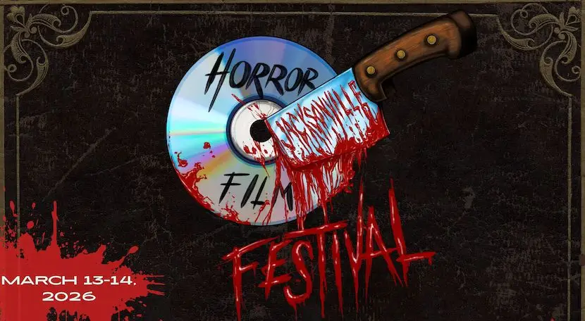 Drawing of a CD with a bloody knife in it. The CD reads "Horror Film," and below it is a bloody font reading "festival."
