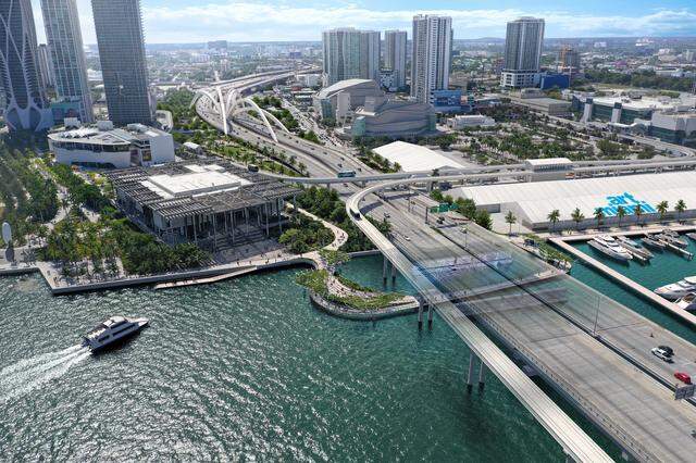 A rendering of the proposed I-395 Baywalk Pedestrian & Bikeway Bridge. The project will connect the downtown Baywalk, a pedestrian and bike promenade, from the Perez Art Museum of Miami, under the MacArthur Causeway, to the old Miami Herald building site.