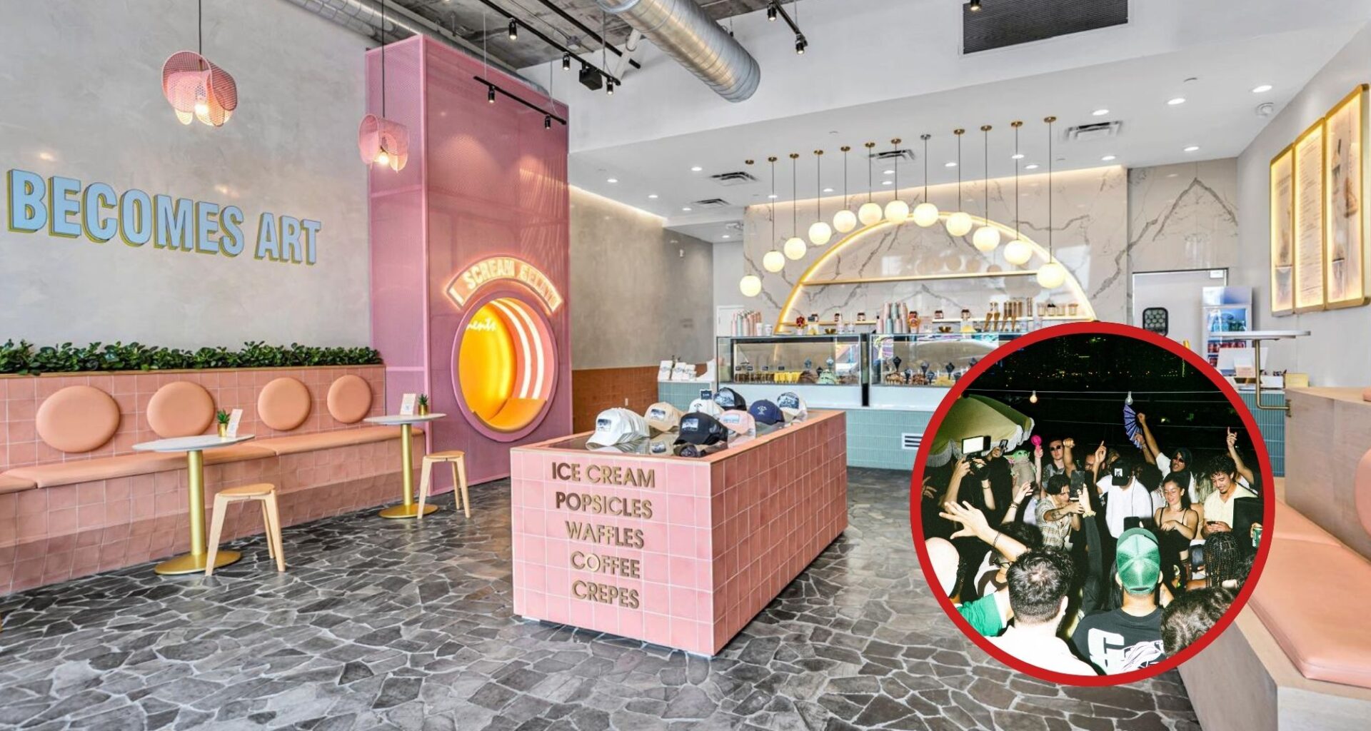 Photo of an ice cream shop and a collage with a photo of people dancing .