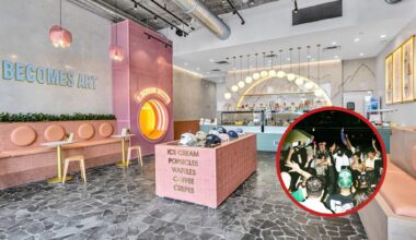 Photo of an ice cream shop and a collage with a photo of people dancing .