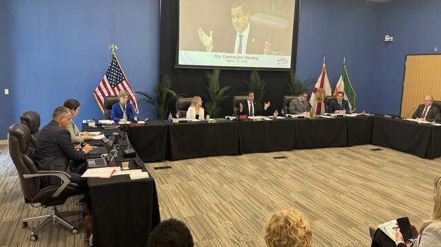 Coral Gables commissioners held their first meeting inside the public safety building, 2151 Salzedo St., on March 10, 2026 as the historic City Hall prepares to undergo restoration.