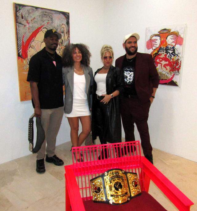 Sunset Flip -- presented by Adam Abdalla and Nina Johnson in the Miami Design District -- features the artwork of AEW pro wrestlers Lee Moriarty (ROH Pure champ) and Thekla (AEW women’s champ). Pictured from left, Moriarty, Johnson, Thekla, Abdalla.