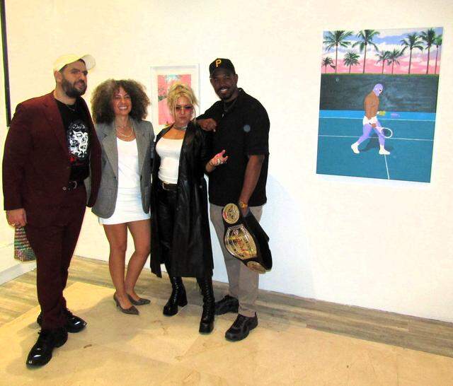 Sunset Flip -- presented by Adam Abdalla and Nina Johnson in the Miami Design District -- features the artwork of AEW pro wrestlers Lee Moriarty (ROH Pure champ) and Thekla (AEW women’s champ). Pictured from left, Abdalla, Johnson, Thekla, Moriarty.