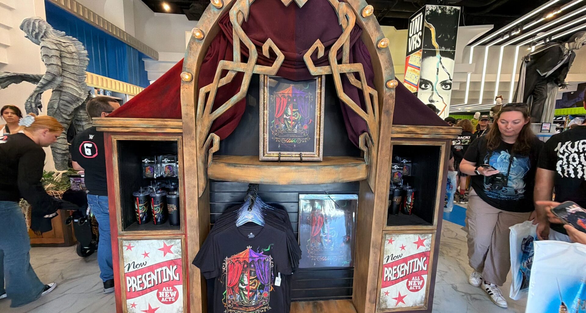 The new merchandise is housed in a thematic display, which we noticed this morning. It is themed to a side show attraction, befitting the HHN icons Jack and Dr. Oddfellow.