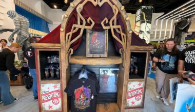 The new merchandise is housed in a thematic display, which we noticed this morning. It is themed to a side show attraction, befitting the HHN icons Jack and Dr. Oddfellow.