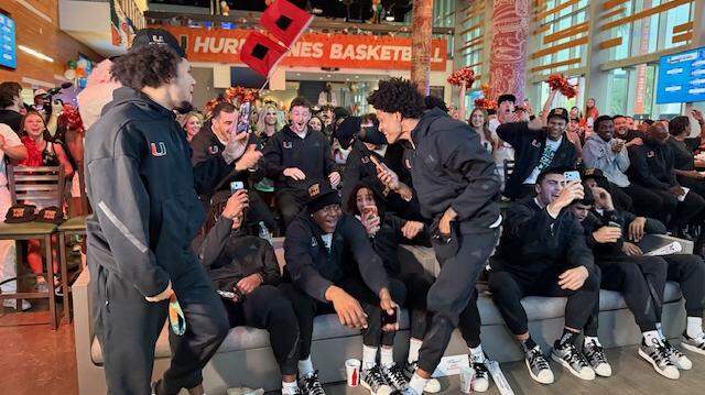 The University of Miami men’s basketball team reacts to learning on Selection Sunday that it is a No. 7 seed in the NCAA Tournament and will face No. 10 Missouri in St. Louis.