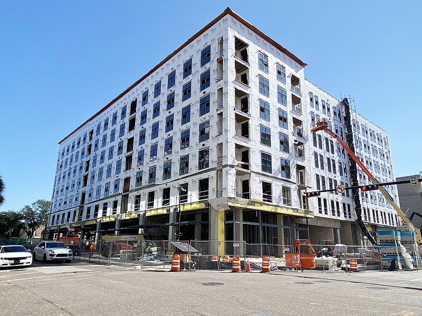 The $45 million Block N11 building at 515 N. Pearl St. was the first Gateway Jax project to break ground. The seven-story building, shown Sept. 15, will comprise 205 apartment units with retail, commercial and storage space.