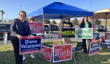 Candidates, including Council Seat 2 incumbent Vice Mayor Diane Velazquez (L) and Council Seat 4 challenger Yesenia Baron (R), encourage voters to cast their ballots Tuesday at the Northwest Recreation Complex.
