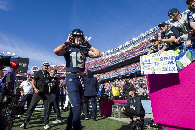 Seattle Seahawks wide receiver Jake Bobo (19) walks into the tunnel during warm ups prior to the start of Super Bowl LX at Levi's Stadium on Feb. 8, 2026 in Santa Clara, Calif.
