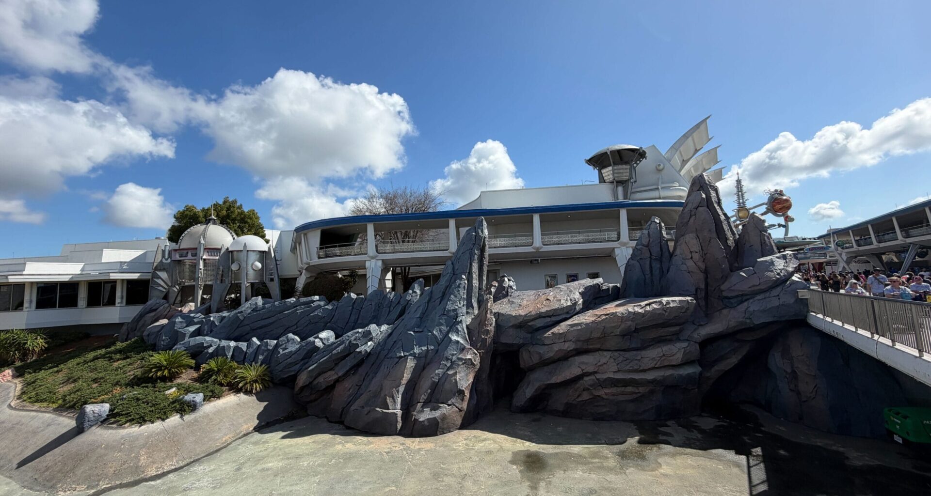 Tomorrowland rocks repainted to metallic blue in Magic Kingdom at Walt Disney World