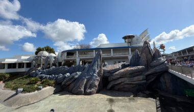 Tomorrowland rocks repainted to metallic blue in Magic Kingdom at Walt Disney World