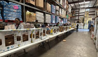 Volunteers at Southeastern Food Bank pack hundreds of boxes filled with food and other items. (Spectrum News/Bryanna Howard)