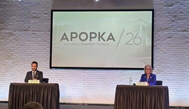 Candidates Christine Moore and Nick Nesta take the stage for the Monday mayoral runoff forum at Victory Church.