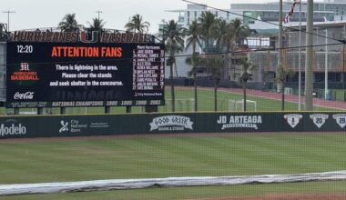 The scoreboard at the University of Miami’s Mark Light Field advises fans to seek shelter in the concourse due to lightning in the area on Sunday, March 1, 2026, prior to the Miami Hurricanes’ college baseball game against the Florida Gators.