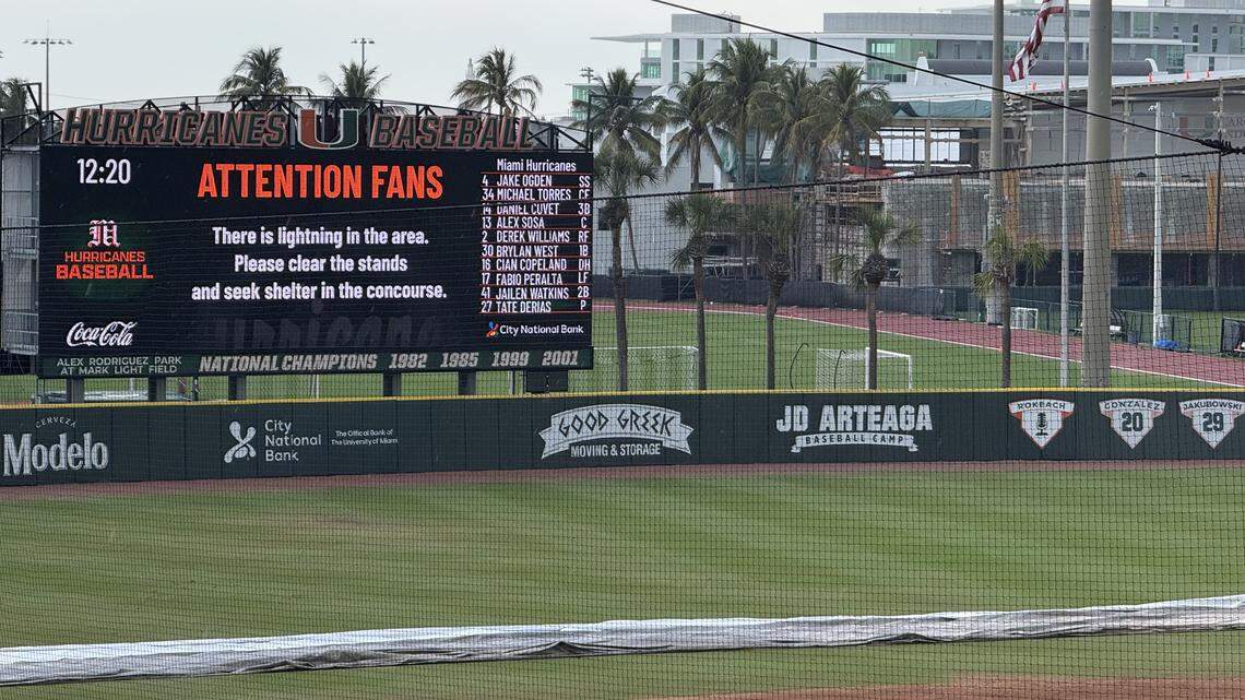 The scoreboard at the University of Miami’s Mark Light Field advises fans to seek shelter in the concourse due to lightning in the area on Sunday, March 1, 2026, prior to the Miami Hurricanes’ college baseball game against the Florida Gators.