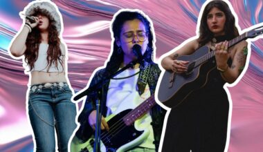 Collage of three young women playing guitar and singing