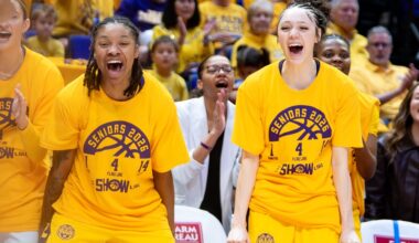 LSU women’s basketball freshman guard Divine Bourrage (6) and freshman guard Bella Hines (3) celebrate during the Tigers’ 89-73 victory over Tennessee Thursday, Feb. 26, 2026, at the Pete Maravich Assembly  Center in Baton Rouge, La.