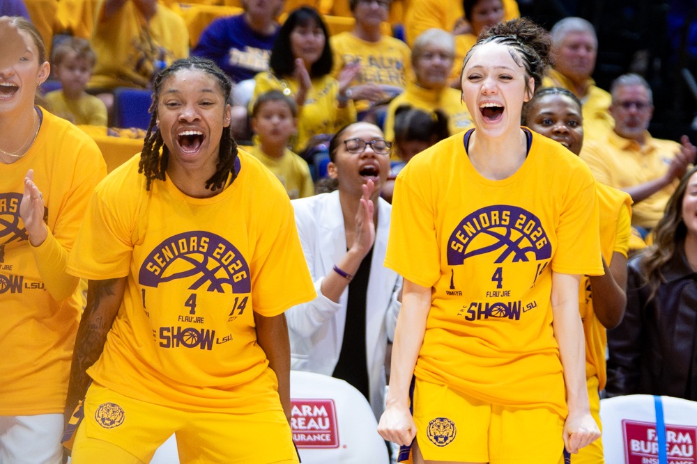 LSU women’s basketball freshman guard Divine Bourrage (6) and freshman guard Bella Hines (3) celebrate during the Tigers’ 89-73 victory over Tennessee Thursday, Feb. 26, 2026, at the Pete Maravich Assembly  Center in Baton Rouge, La.