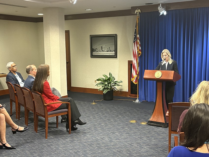 Jacksonville Mayor Donna Deegan speaks at a news conference Feb. 20 about what she called a 
