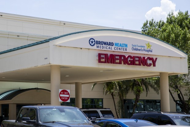 The entrance of Broward Health Medical Center's emergency room is shown.