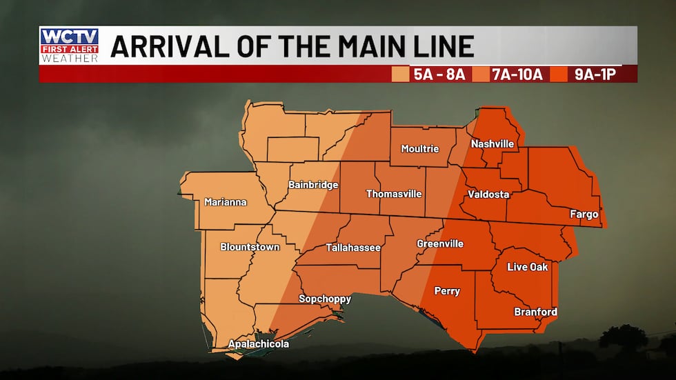 Storms will reach the western Big Bend between 5 and 8 AM, the heart of the Big Bend and South...