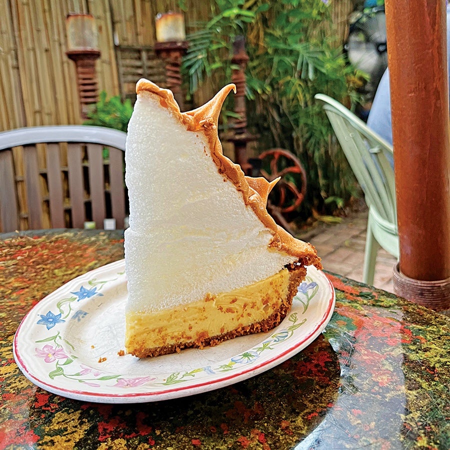 A slice of lemon meringue pie with a thick, toasted meringue topping, a yellow lemon filling, and a graham cracker crust, served on a floral-patterned plate on a multicolored table.